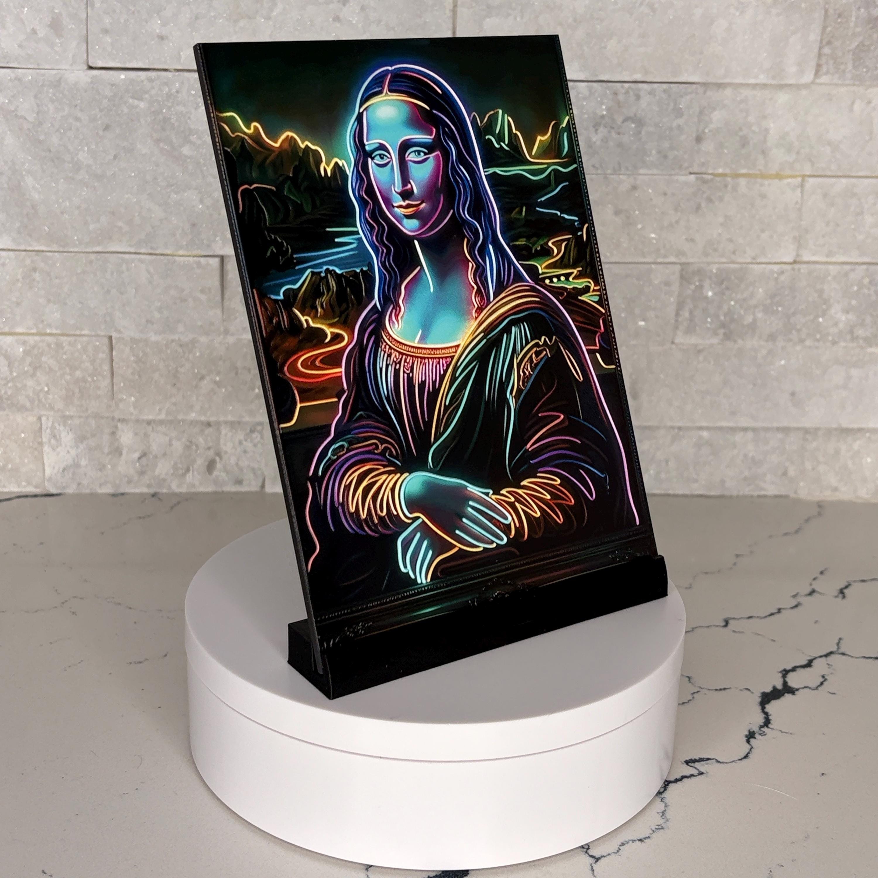 Neon Mona Lisa UV Art, Raised Textured Print, Modern Renaissance Wall Decor