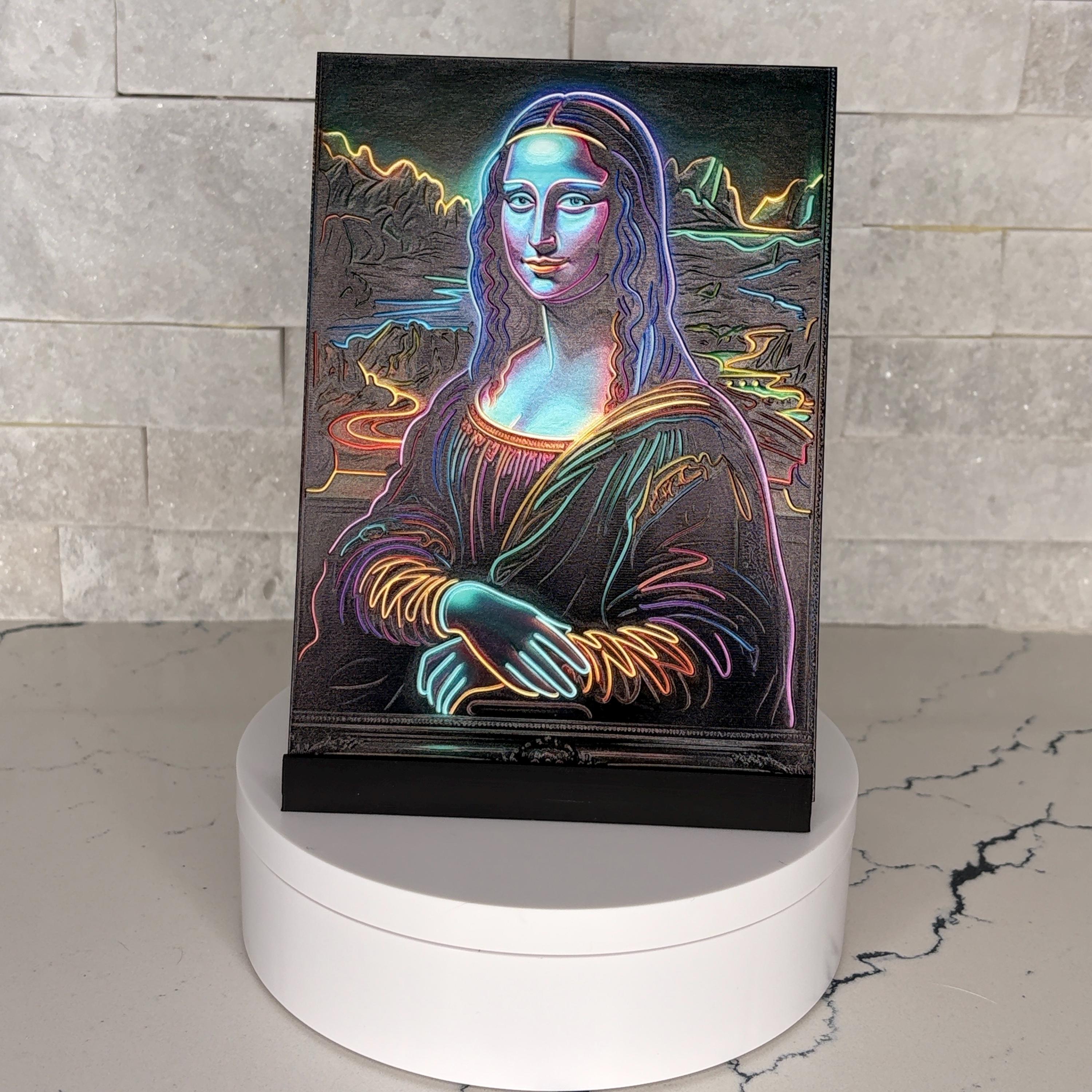 Neon Mona Lisa UV Art, Raised Textured Print, Modern Renaissance Wall Decor
